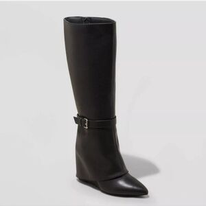 A New Day Women's Faux Leather Zipper Knee Dress Boots Wedge Heel